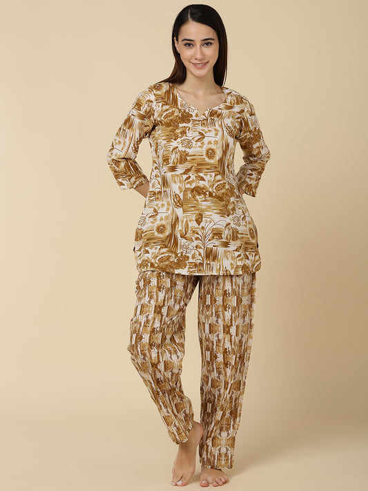 Floral Abstract Print Pure Cotton Lounge Set - Brown