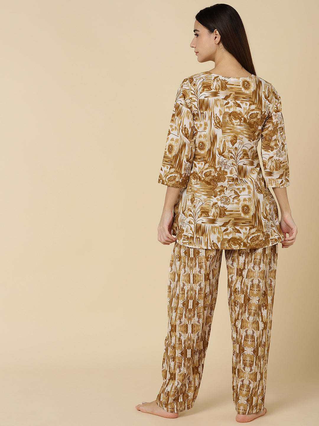 Floral Abstract Print Pure Cotton Lounge Set - Brown