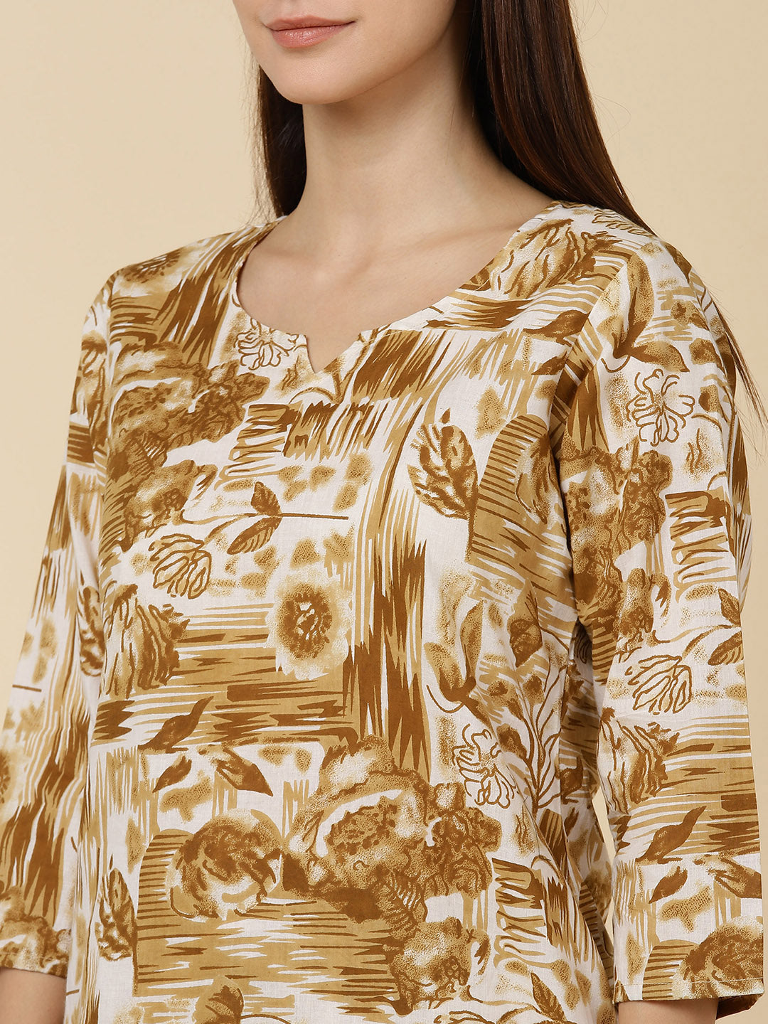 Floral Abstract Print Pure Cotton Lounge Set - Brown