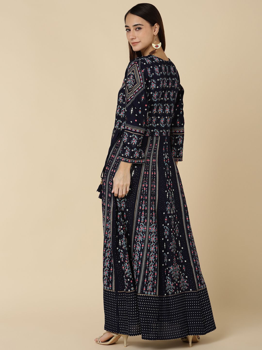 Ethnic Printed Anarkali Flared Kurta with Tassels - Blue
