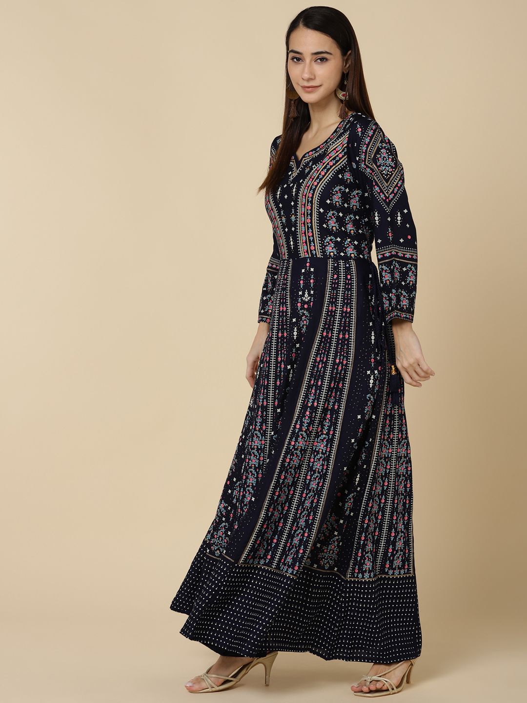 Ethnic Printed Anarkali Flared Kurta with Tassels - Blue