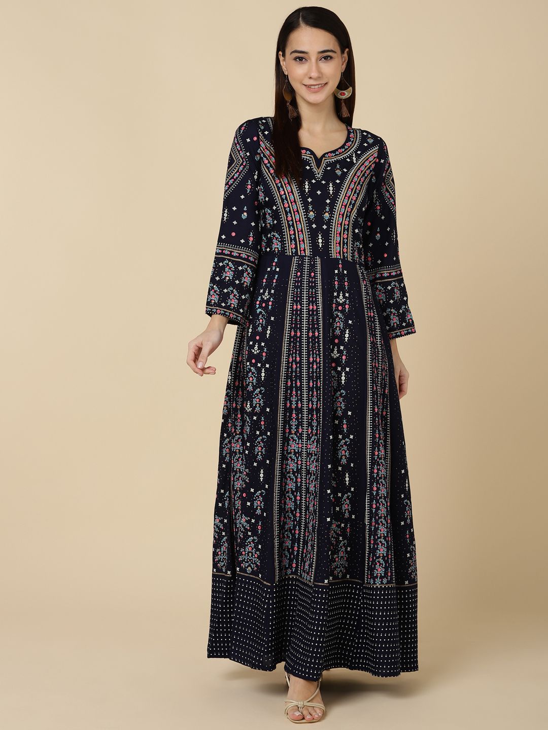 Ethnic Printed Anarkali Flared Kurta with Tassels - Blue