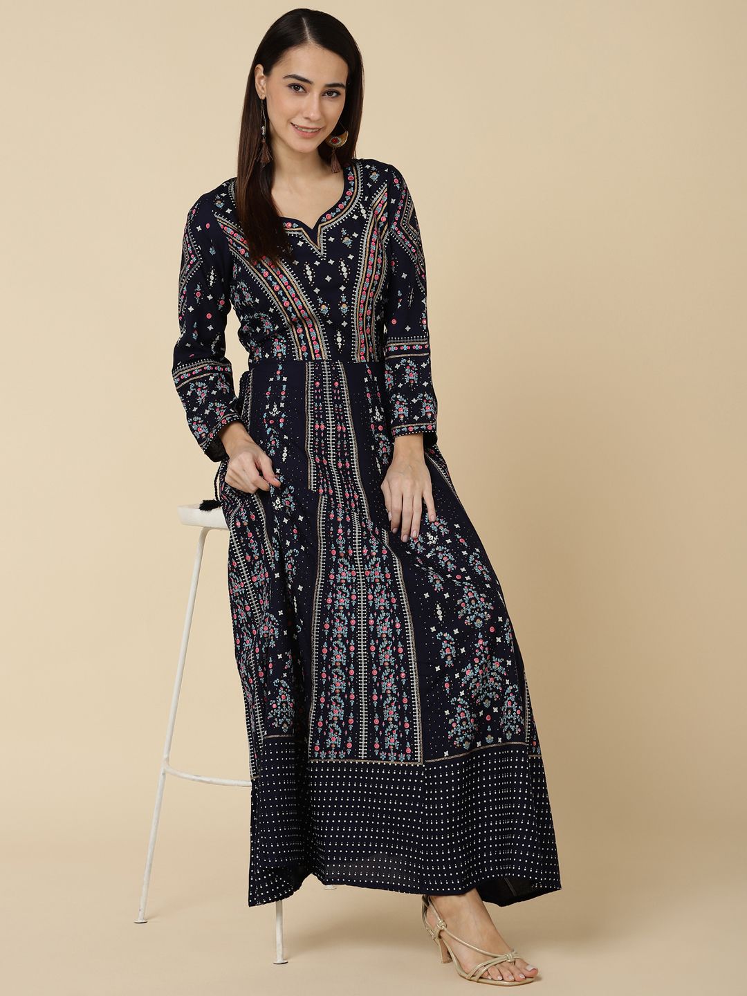 Ethnic Printed Anarkali Flared Kurta with Tassels - Blue