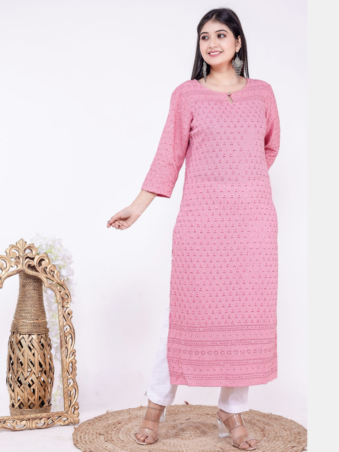 Chikan Sequin Embroidered Straight Kurta - Pink