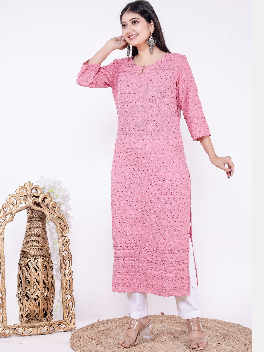 Chikan Sequin Embroidered Straight Kurta - Pink