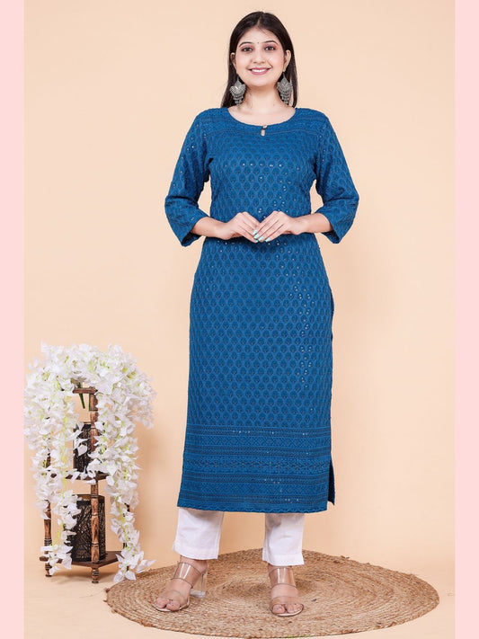 Chikan Sequin Embroidered Straight Kurta - Blue