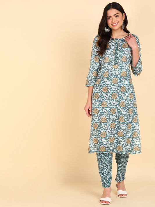 Paisly Print Handwork Kurta Pant Set - Grey