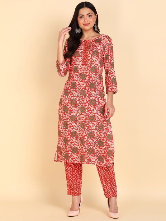 Paisly Print Handwork Kurta Pant Set - Peach