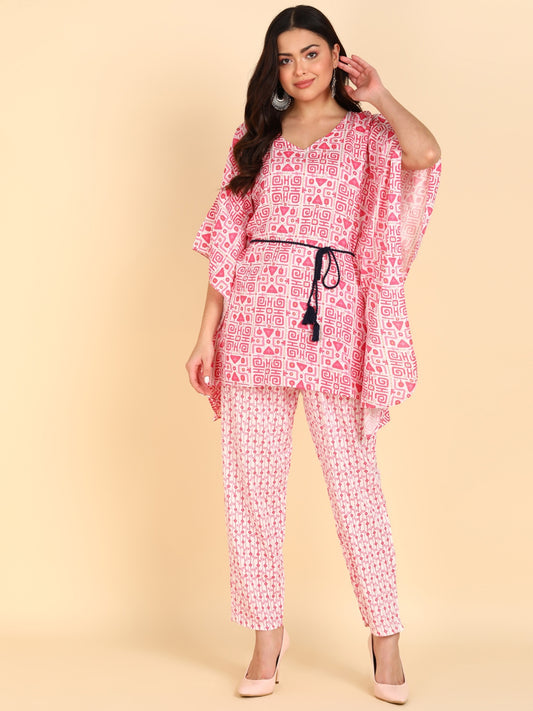 Abstract Print Kaftan Top with Pants Co-ord Set - Pink