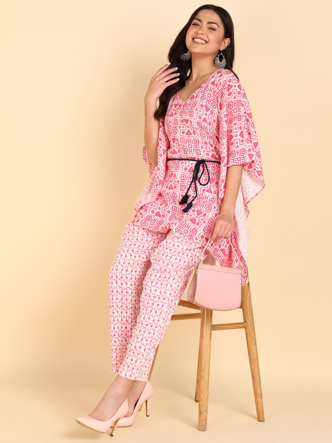 Abstract Print Kaftan Top with Pants Co-ord Set - Pink