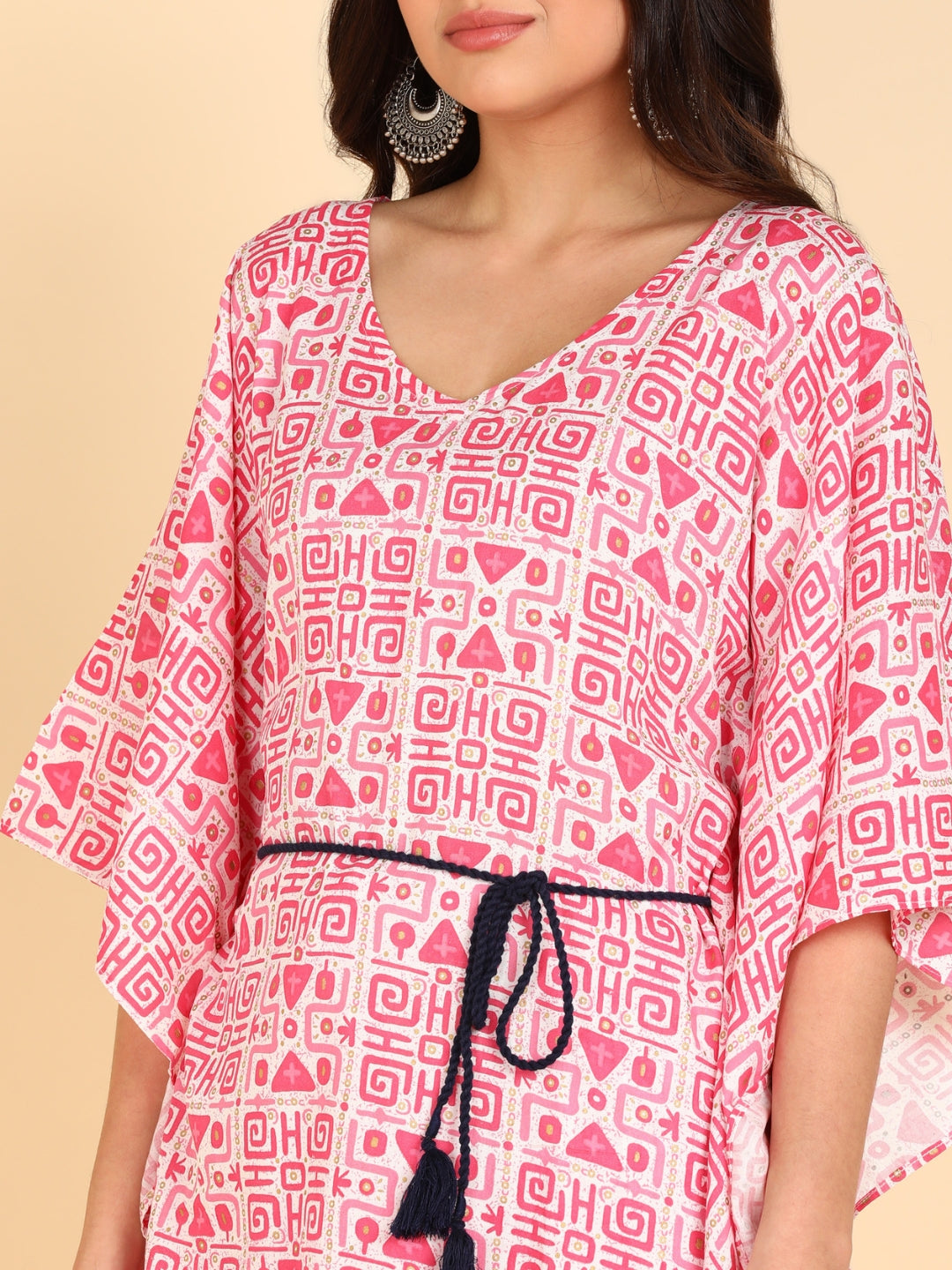 Abstract Print Kaftan Top with Pants Co-ord Set - Pink
