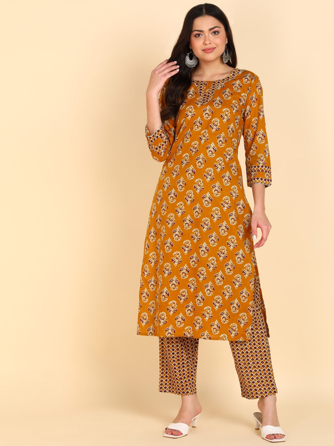 Pure Cotton Floral Print Kurta Pant Set - Mustard
