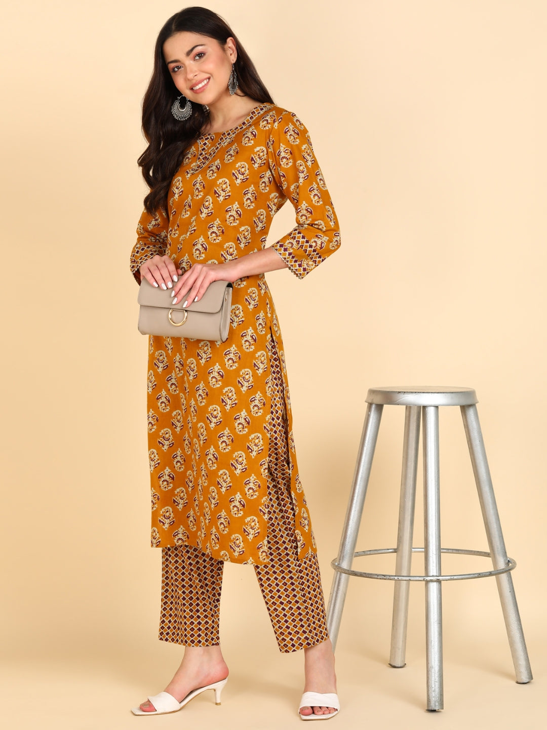 Pure Cotton Floral Print Kurta Pant Set - Mustard