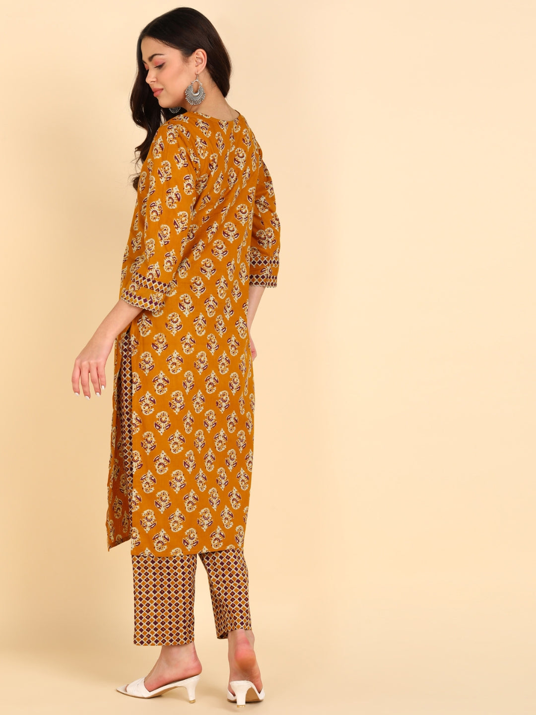 Pure Cotton Floral Print Kurta Pant Set - Mustard