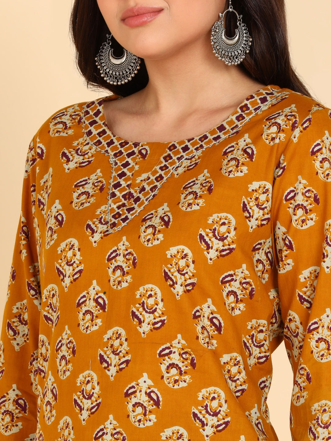 Pure Cotton Floral Print Kurta Pant Set - Mustard