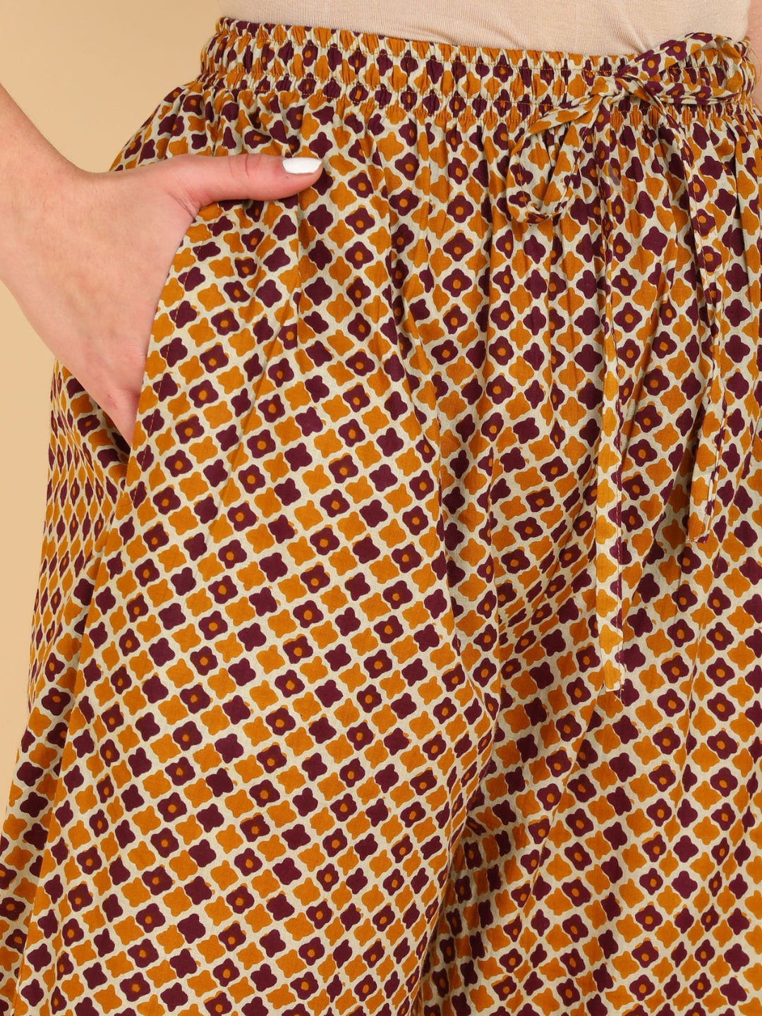 Pure Cotton Floral Print Kurta Pant Set - Mustard