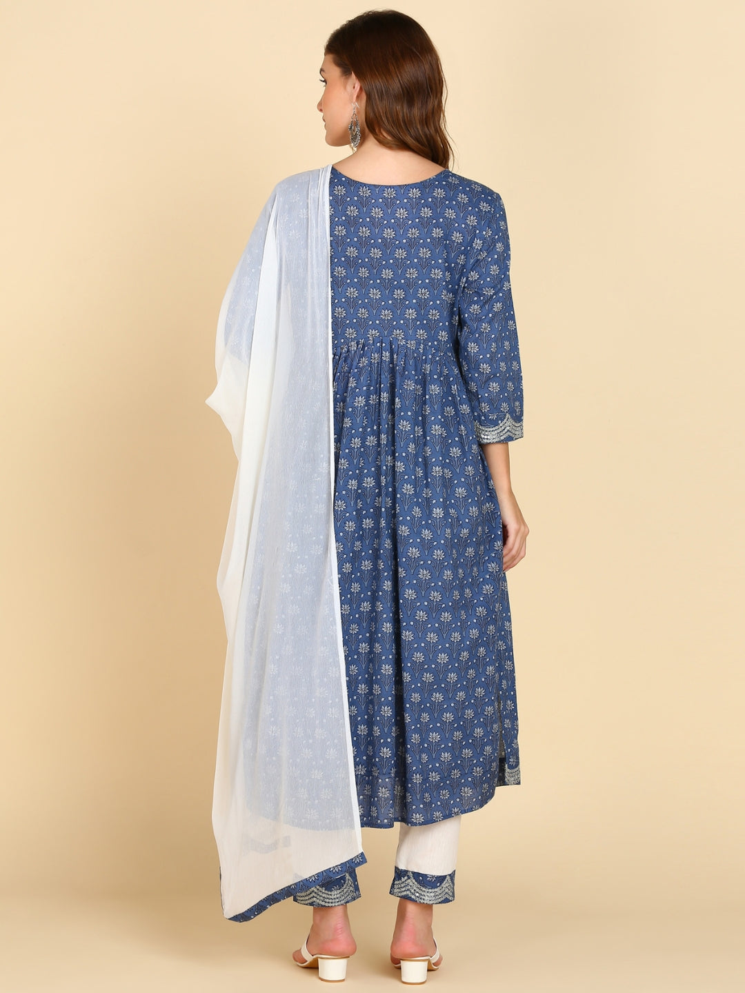 Floral Print Embroidered Nyra Cut Kurta, Pant and Dupatta Set - Blue