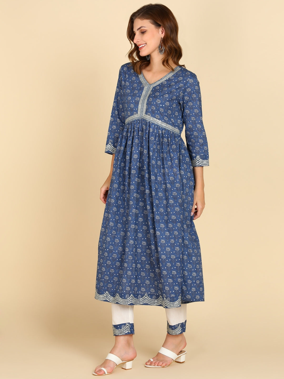 Floral Print Embroidered Nyra Cut Kurta, Pant and Dupatta Set - Blue