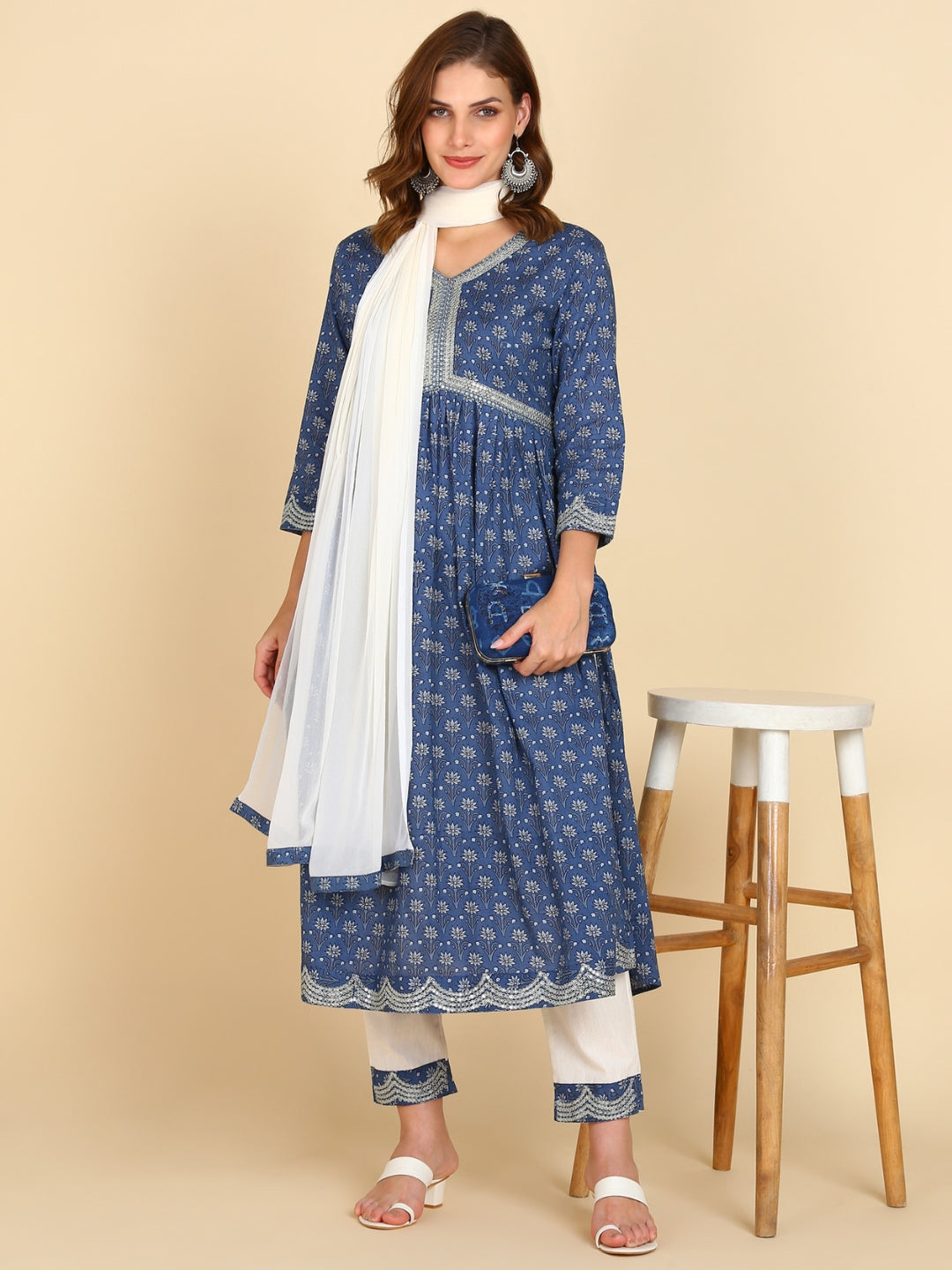 Floral Print Embroidered Nyra Cut Kurta, Pant and Dupatta Set - Blue