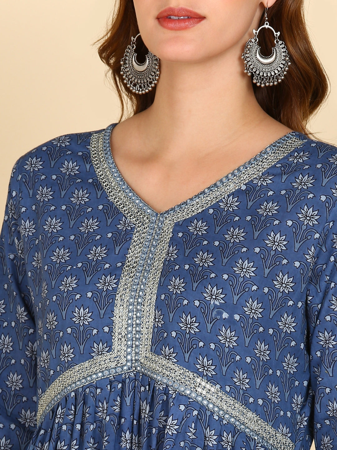 Floral Print Embroidered Nyra Cut Kurta, Pant and Dupatta Set - Blue