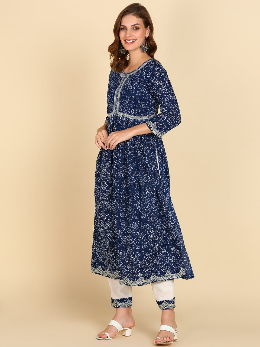 Bandhani Print Embroidered Nyra Cut Kurta, Pant and Dupatta Set - Navy