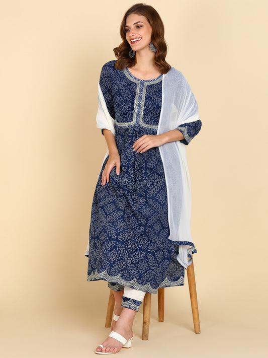 Bandhani Print Embroidered Nyra Cut Kurta, Pant and Dupatta Set - Navy