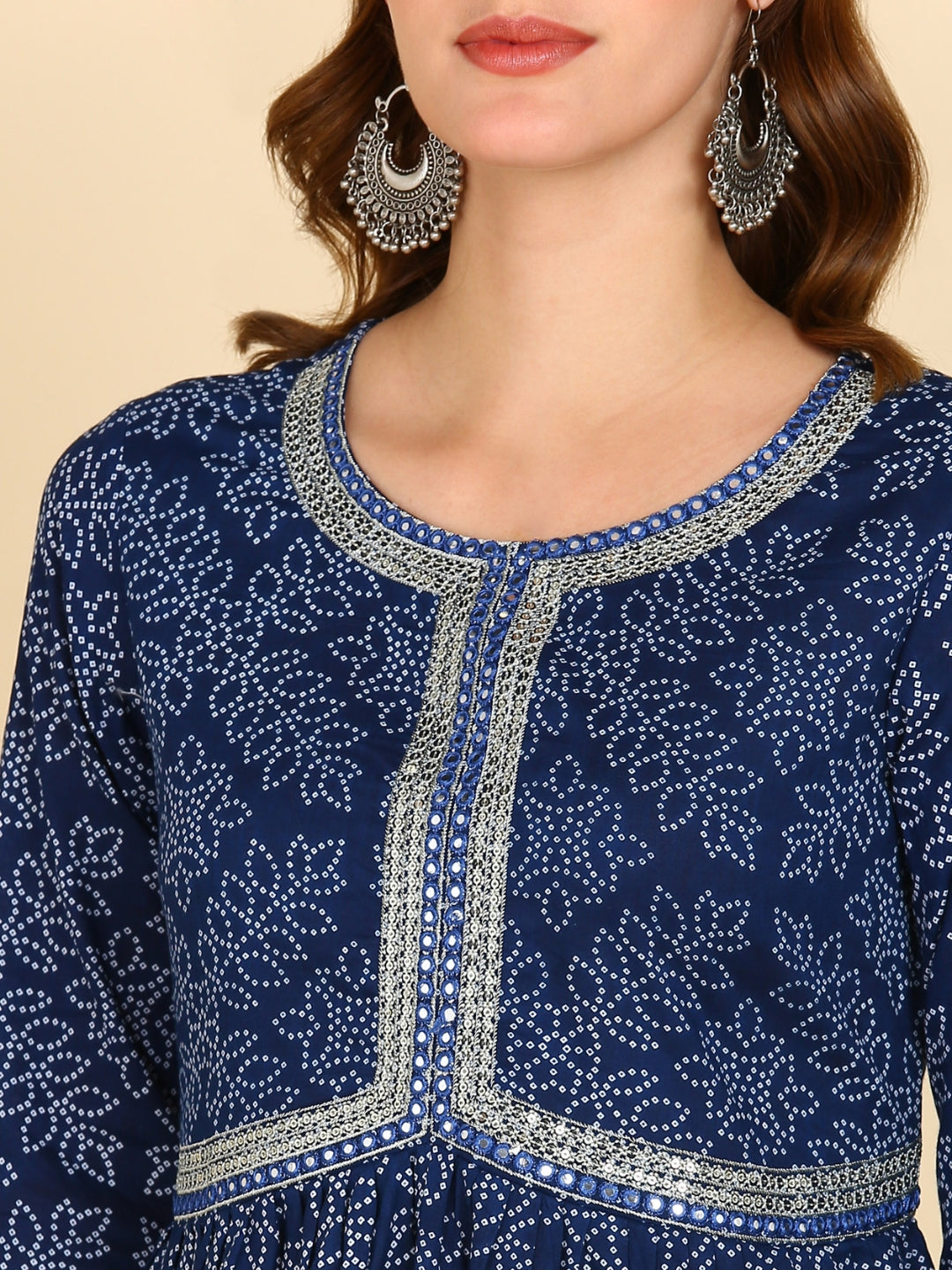 Bandhani Print Embroidered Nyra Cut Kurta, Pant and Dupatta Set - Navy