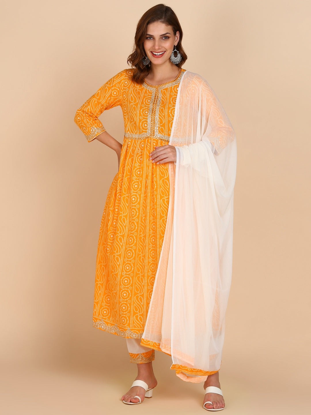 Bandhani Print Embroidered Nyra Cut Kurta, Pant and Dupatta Set - Yellow
