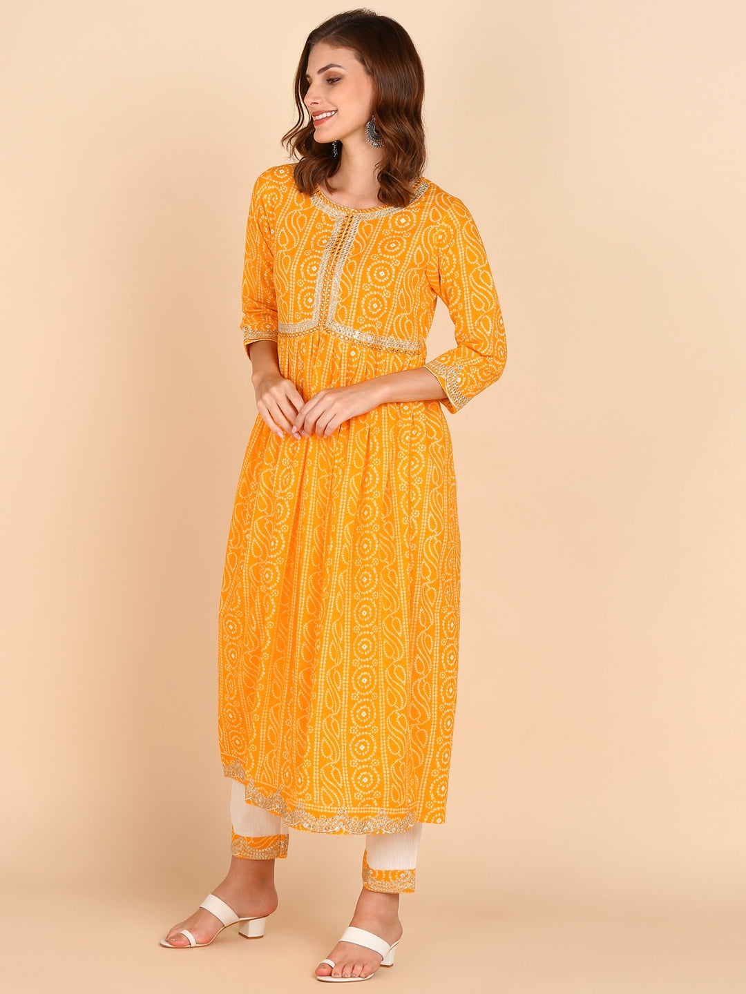 Bandhani Print Embroidered Nyra Cut Kurta, Pant and Dupatta Set - Yellow