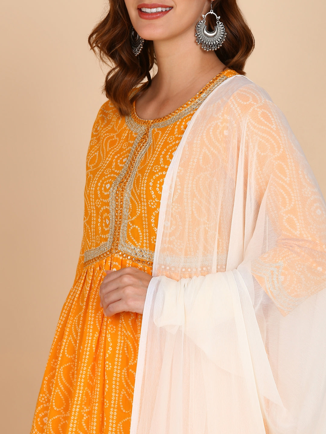 Bandhani Print Embroidered Nyra Cut Kurta, Pant and Dupatta Set - Yellow