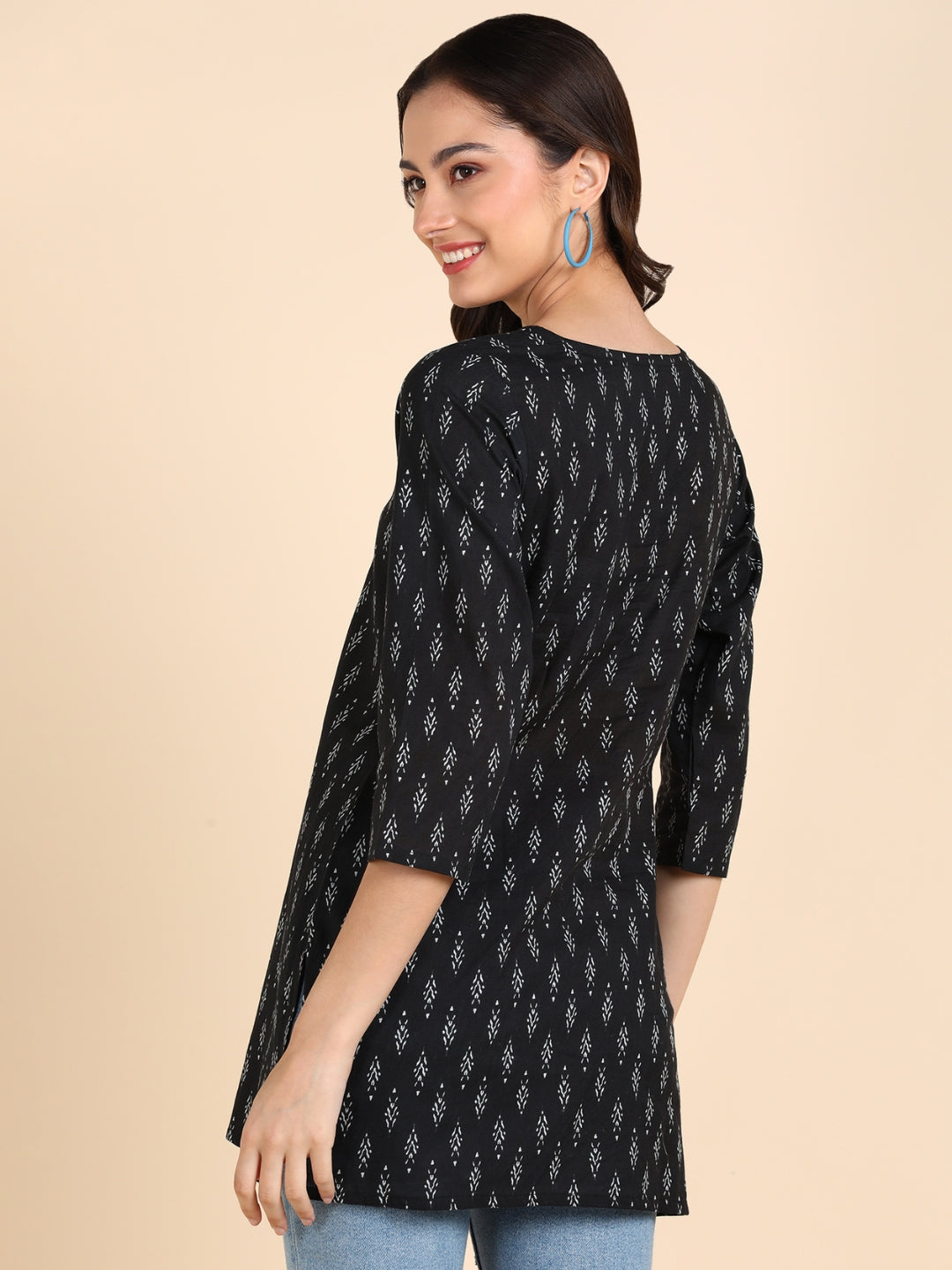 Pure Cotton Ikkat Printed Top - Black
