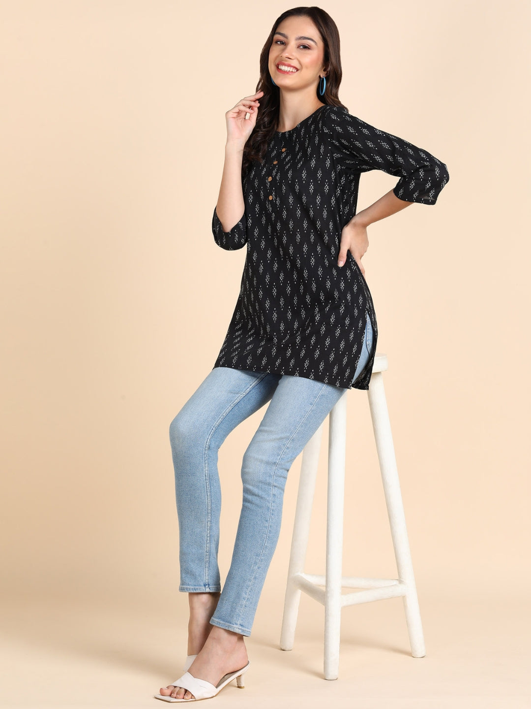 Pure Cotton Ikkat Printed Top - Black