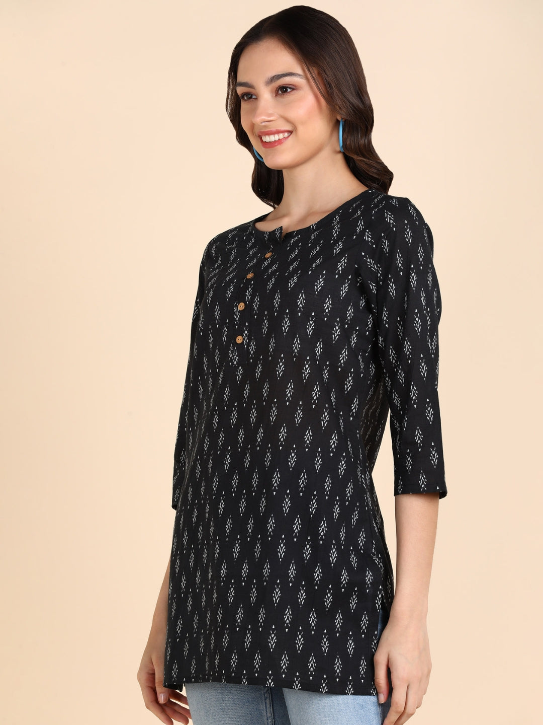 Pure Cotton Ikkat Printed Top - Black