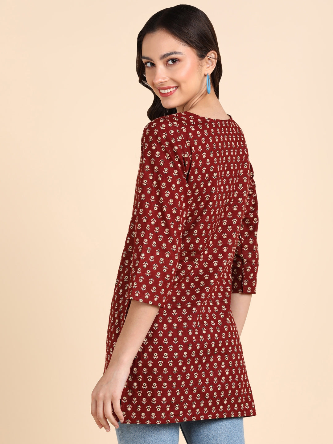 Pure Cotton Floral Printed Top - Maroon