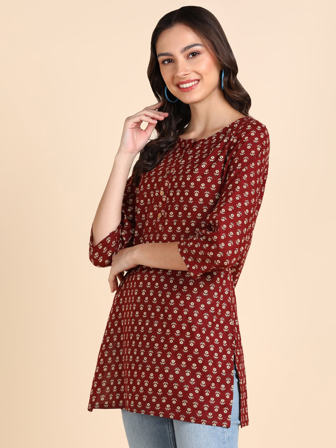 Pure Cotton Floral Printed Top - Maroon
