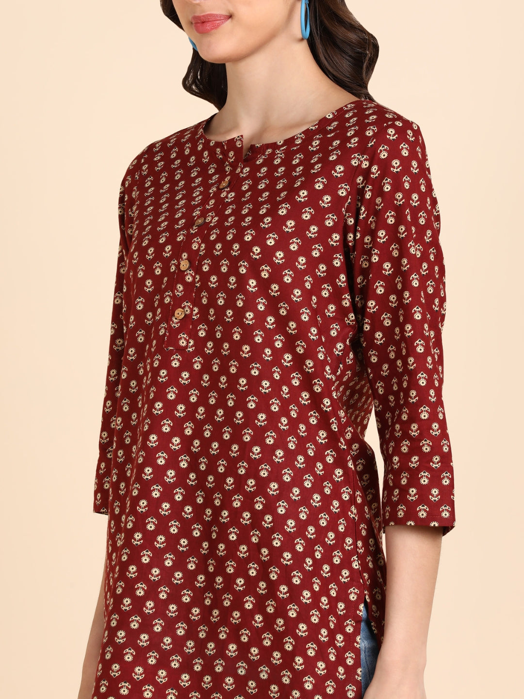Pure Cotton Floral Printed Top - Maroon