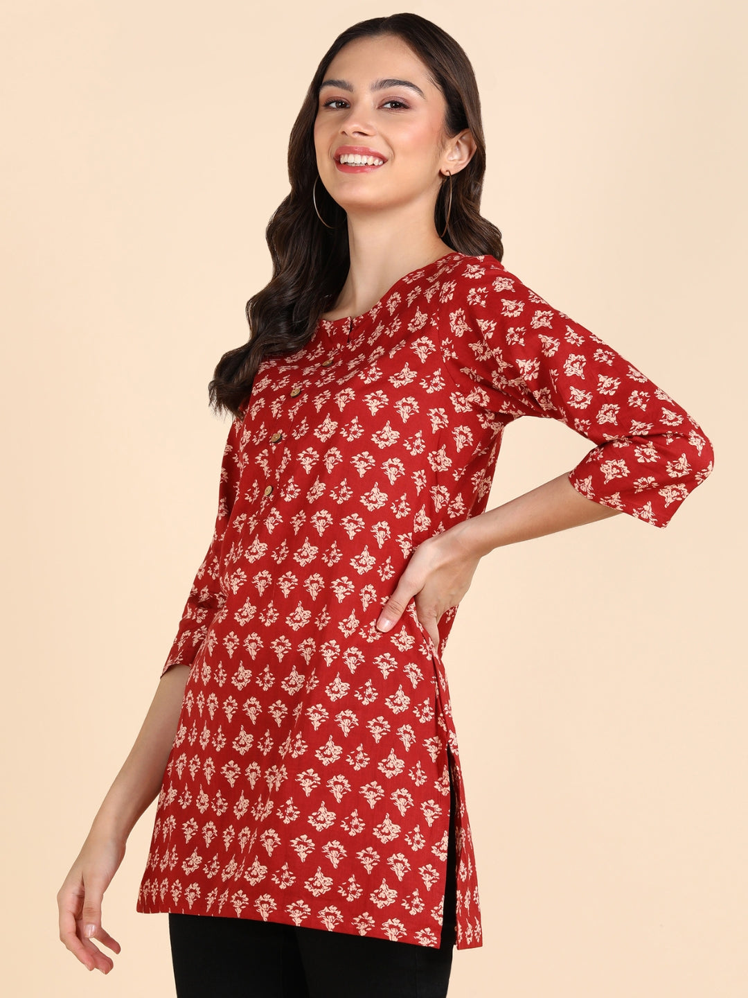 Pure Cotton Floral Printed Top - Red
