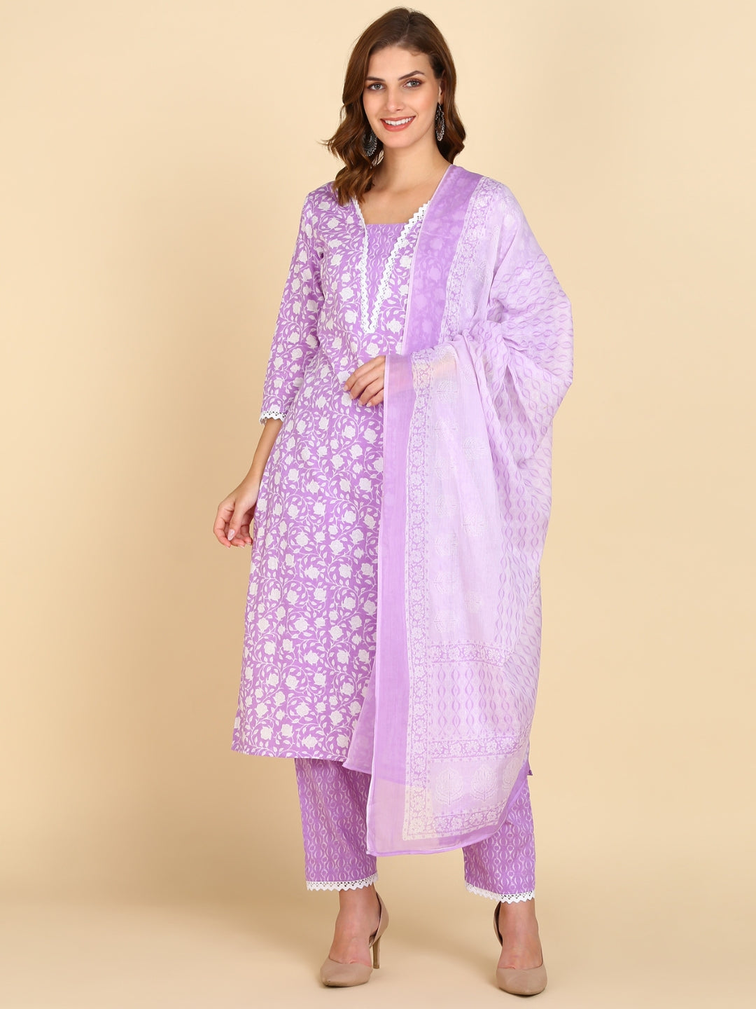 Pure Cotton Ethnic Printed Kurta, Pant, Dupatta Set - Lavander