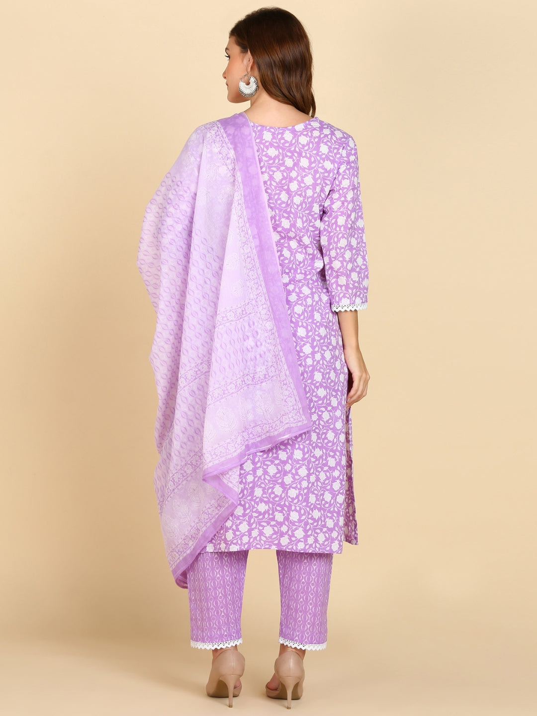 Pure Cotton Ethnic Printed Kurta, Pant, Dupatta Set - Lavander