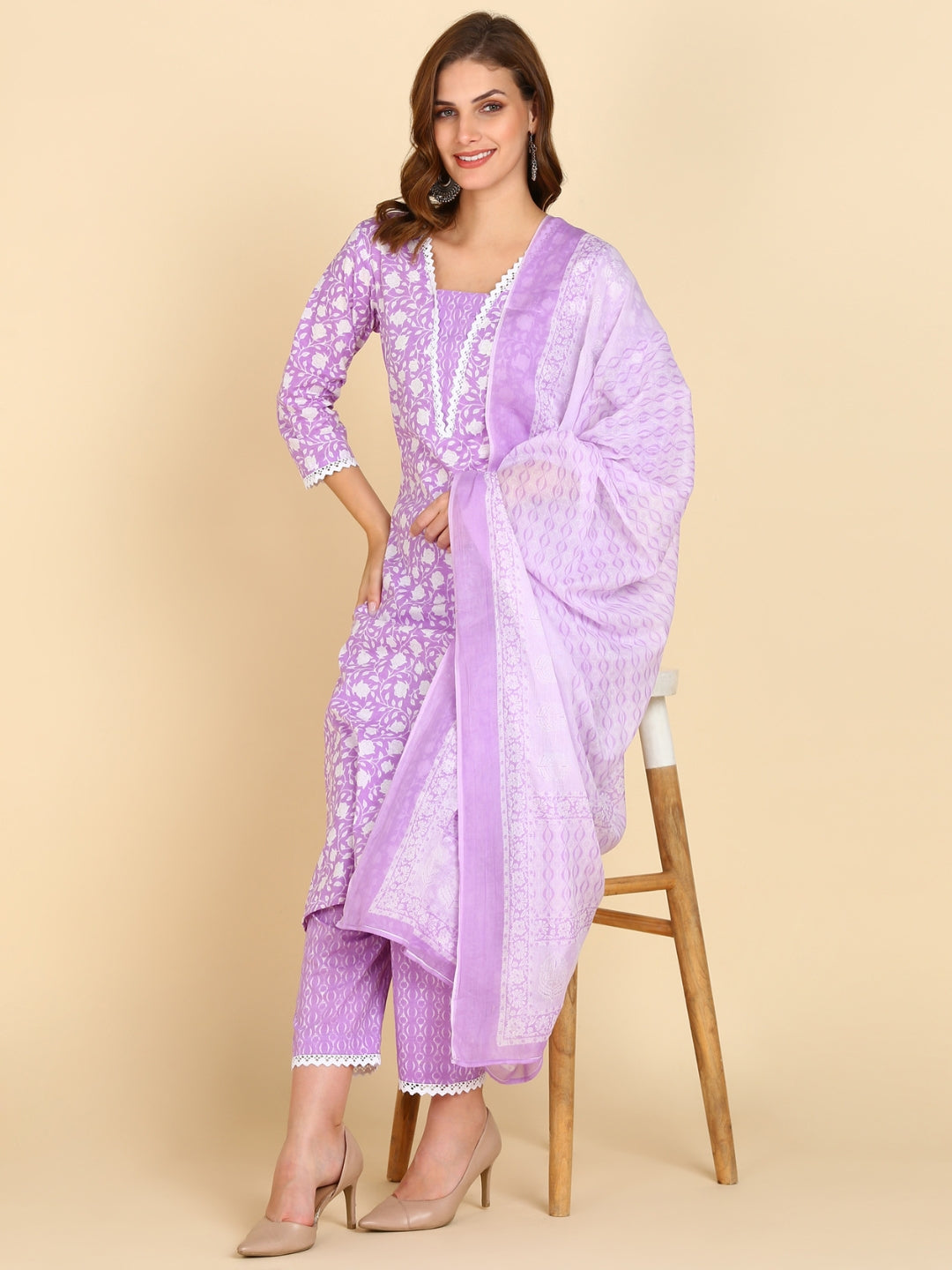 Pure Cotton Ethnic Printed Kurta, Pant, Dupatta Set - Lavander