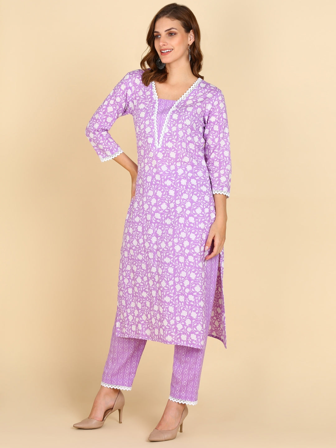 Pure Cotton Ethnic Printed Kurta, Pant, Dupatta Set - Lavander