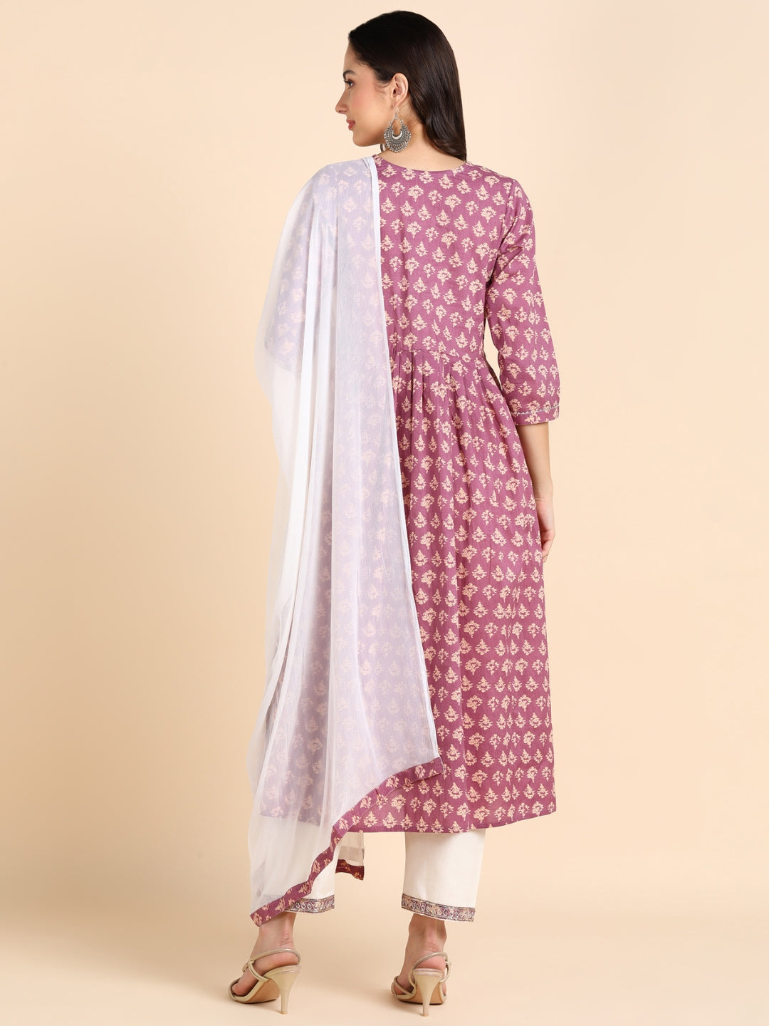 Floral Print Embroidered Nyra Cut Kurta, Pant and Dupatta Set - Purple