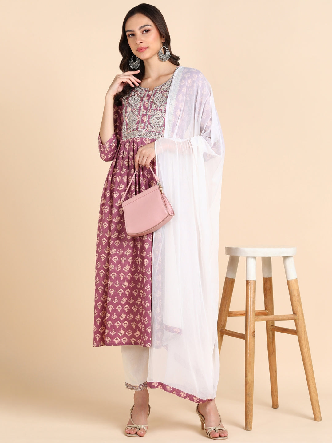 Floral Print Embroidered Nyra Cut Kurta, Pant and Dupatta Set - Purple