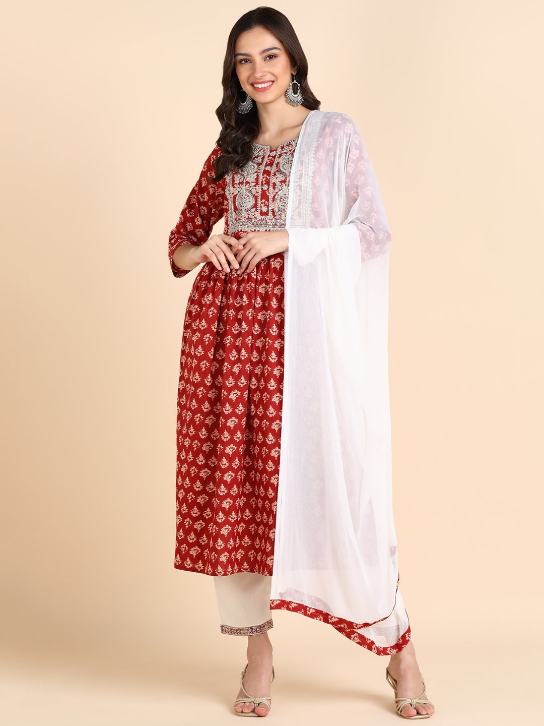 Floral Print Embroidered Nyra Cut Kurta, Pant and Dupatta Set - Red