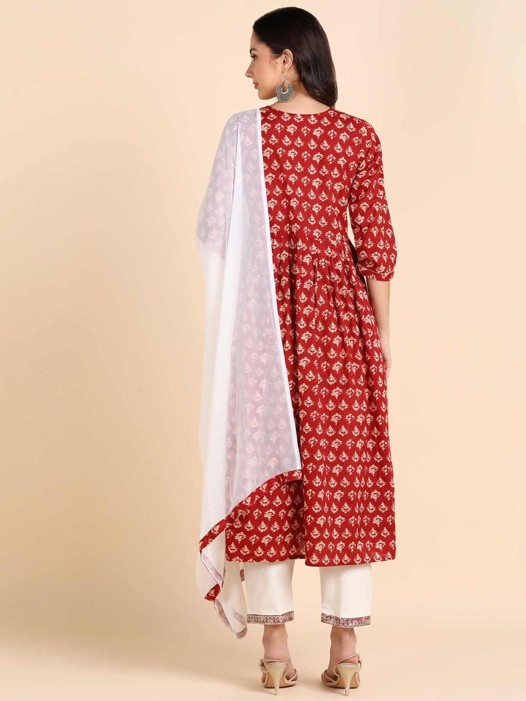 Floral Print Embroidered Nyra Cut Kurta, Pant and Dupatta Set - Red