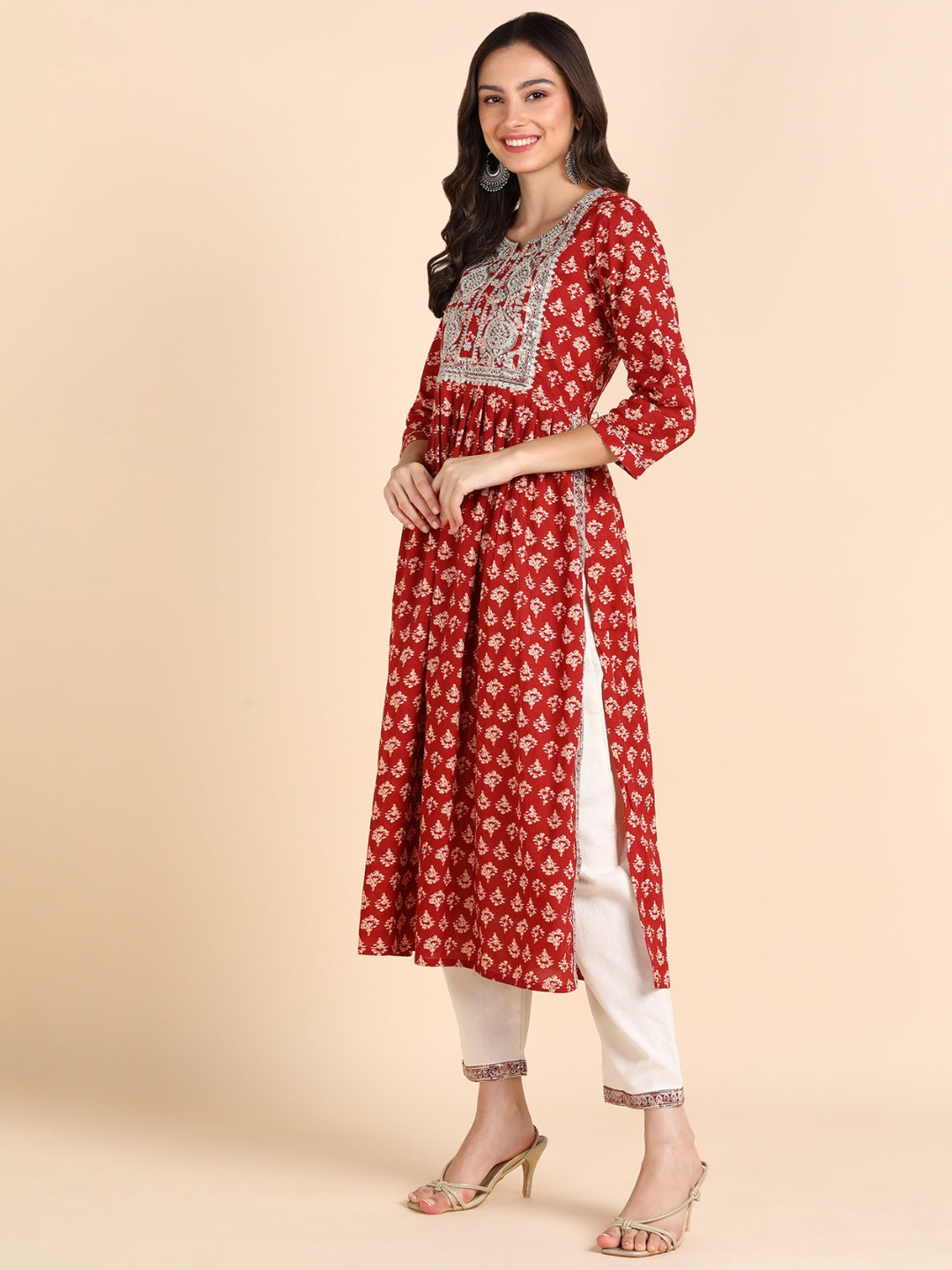 Floral Print Embroidered Nyra Cut Kurta, Pant and Dupatta Set - Red