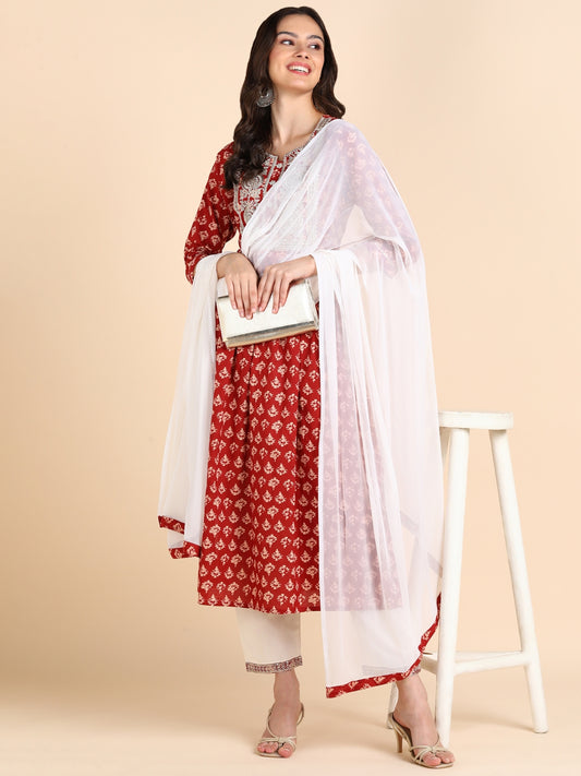 Floral Print Embroidered Nyra Cut Kurta, Pant and Dupatta Set - Red