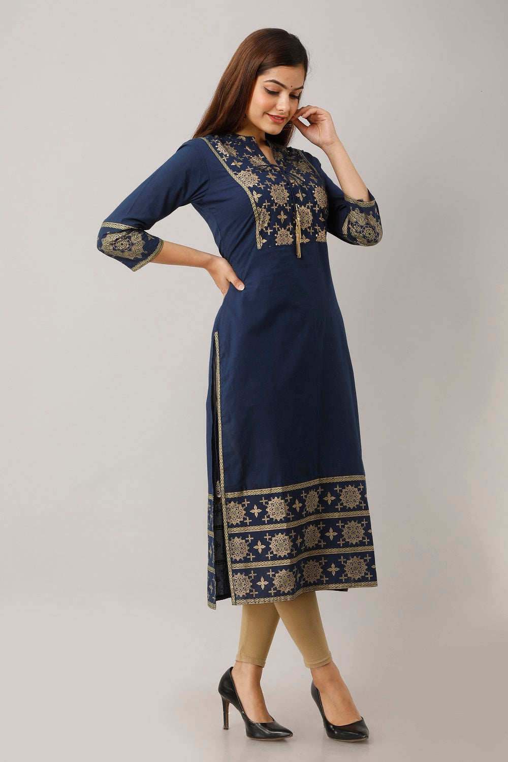 Cotton Ethnic Print Straight Kurti (Blue)