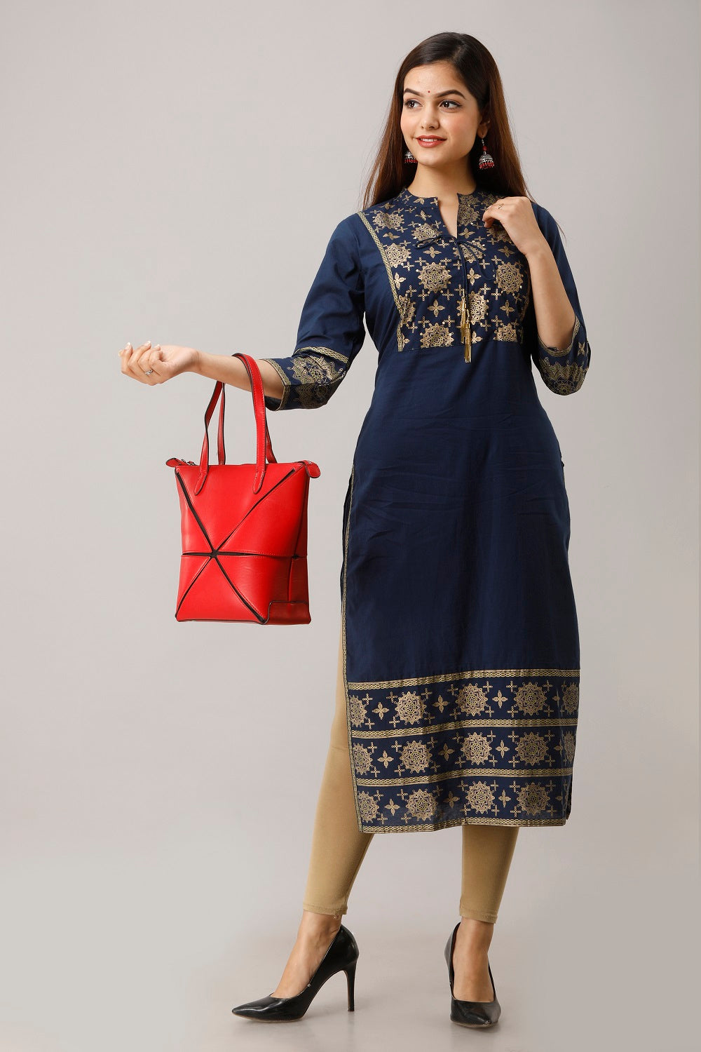 Cotton Ethnic Print Straight Kurti (Blue)