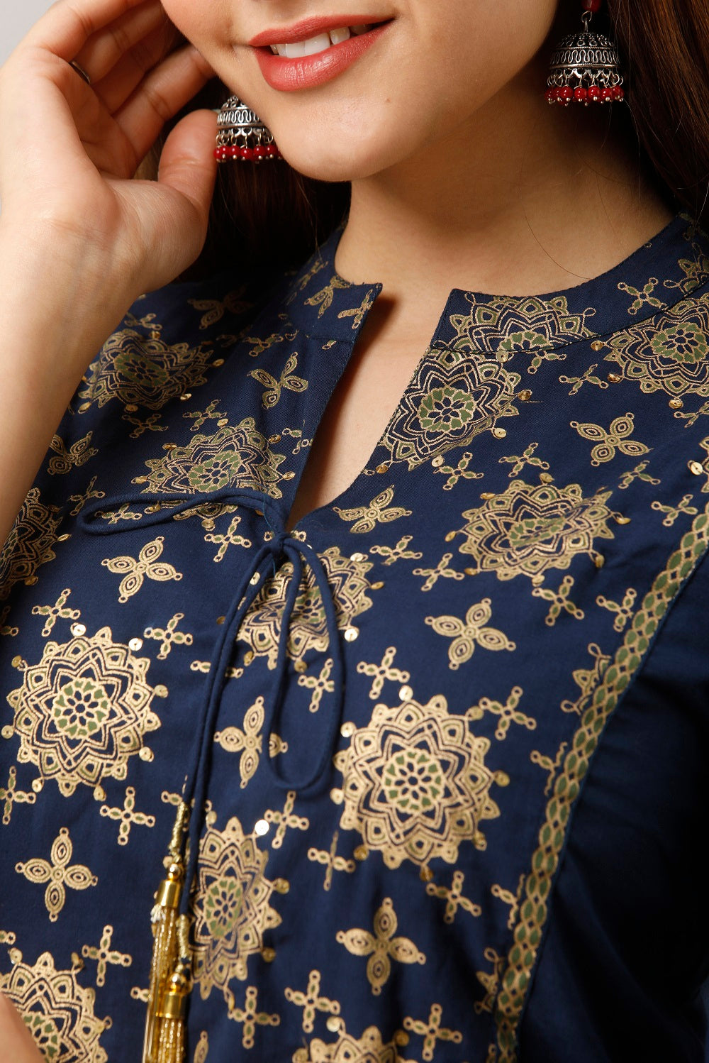 Cotton Ethnic Print Straight Kurti (Blue)